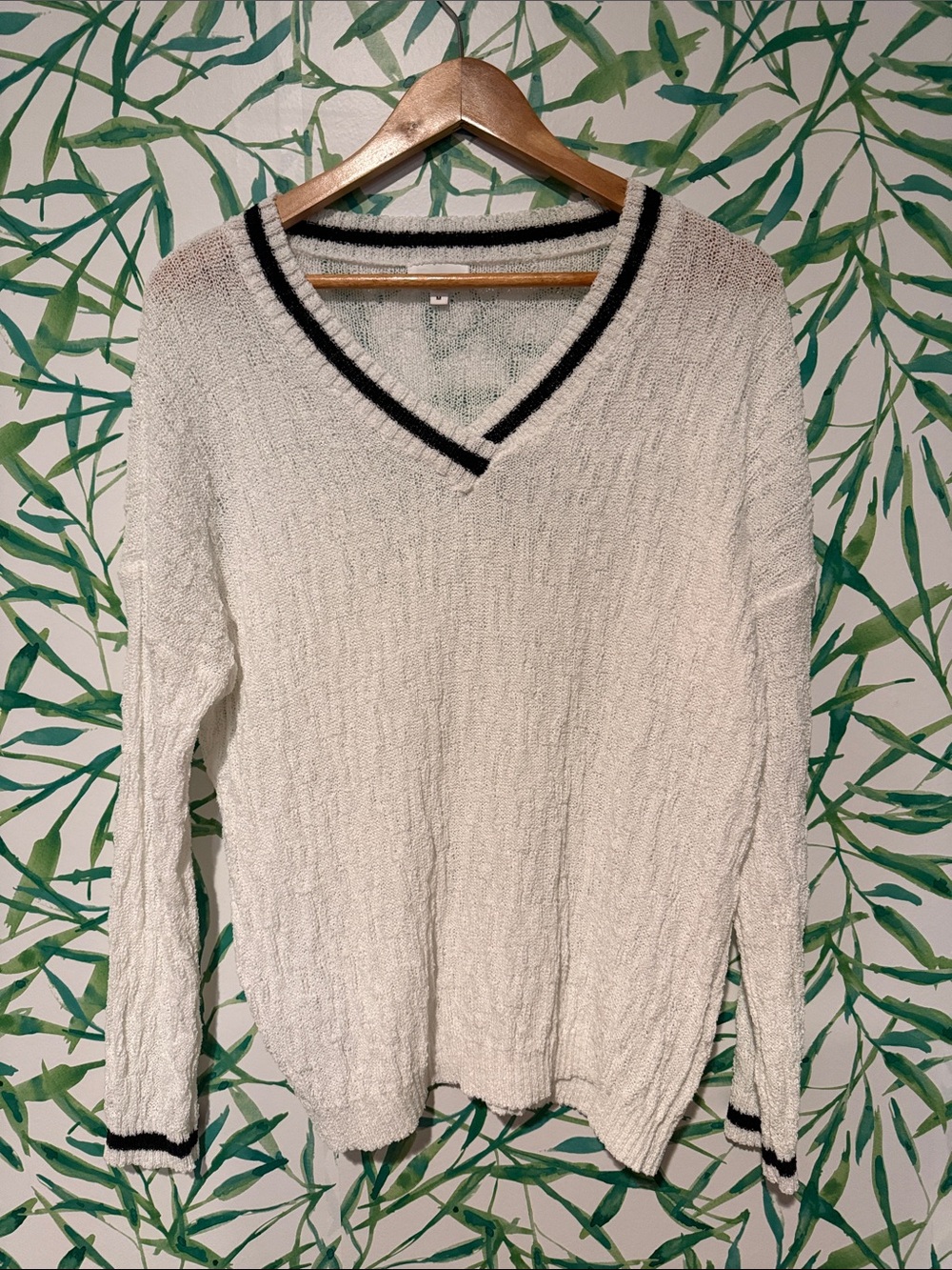 superdown White V-Neck Sweater with Black Trim